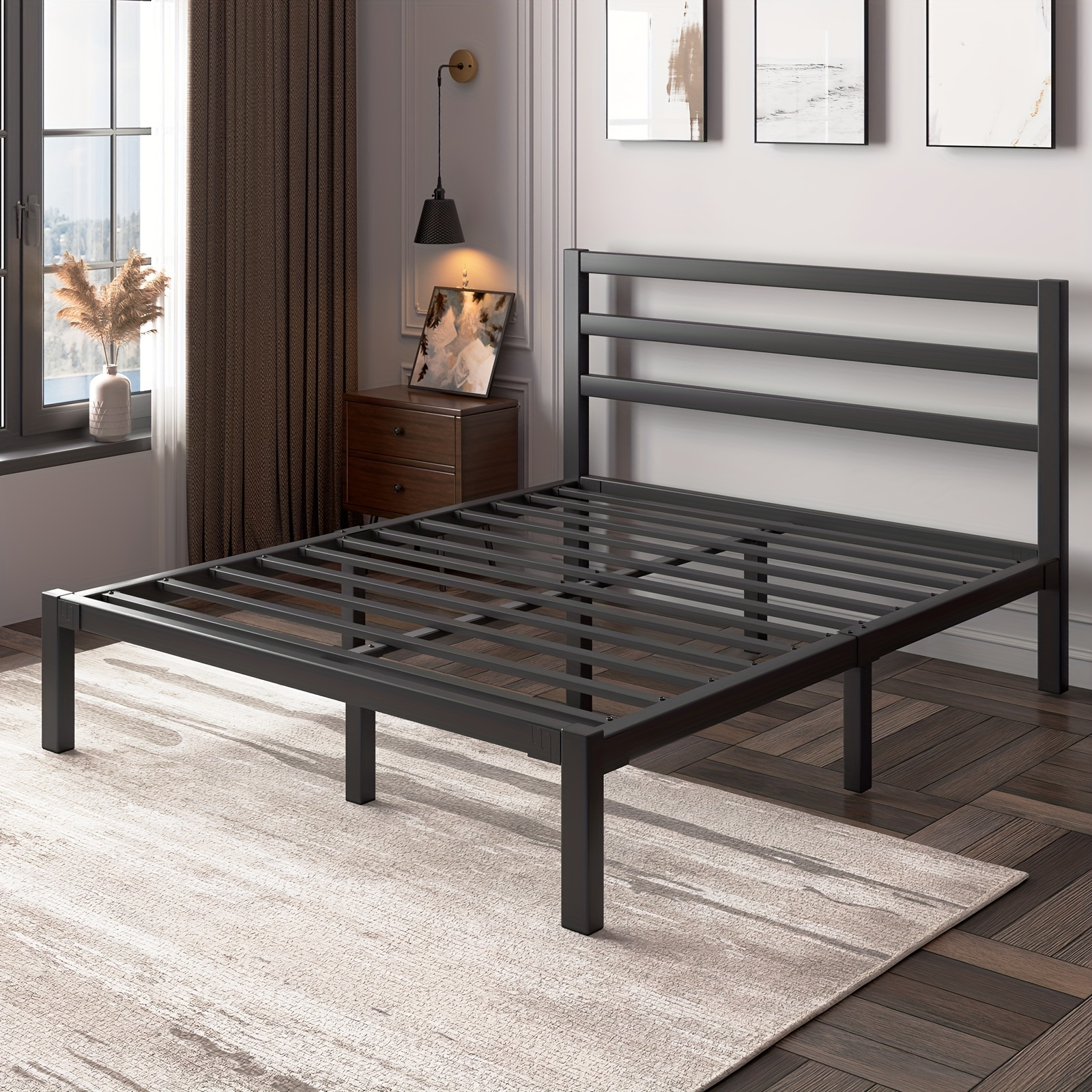 Metal Platform Bed Frame with Slatted Headboard - Under Bed Storage, Sturdy Metal Slats, No Box Spring Needed, Black/white, Twin/Full/Queen/King — image 1 of 4