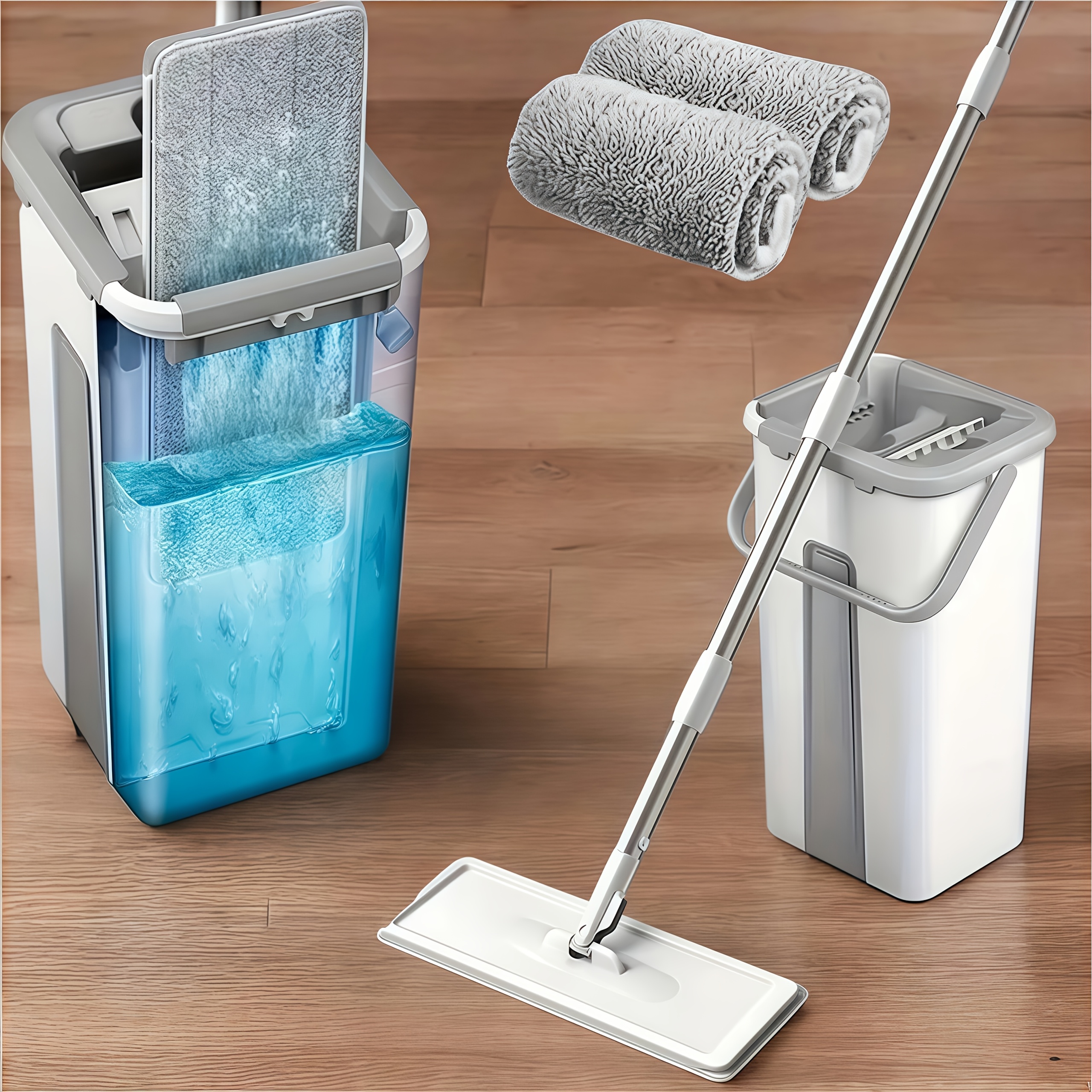 Hands-Free Flat Mop And Bucket Set with Long Handle, Wringer, 2 Reusable Microfiber Pads, 360 Degree Flexible Swivel for Floor Cleaning And Wall Cleaning, Mop And Bucket Cleaning Set — image 1 of 4