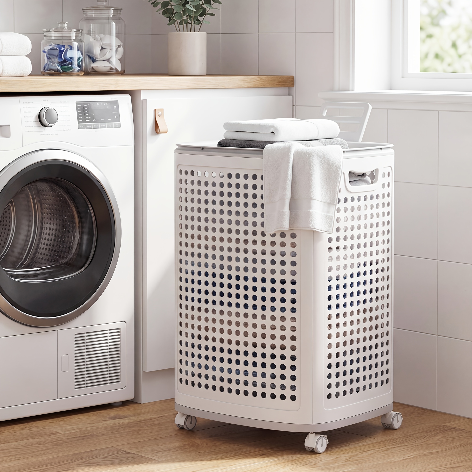 Plastic Laundry Hamper with Wheels, 19.8 Gallon 75 Liter Slim Rolling Basket with Ventilated Sides, Portable Storage Solution for Dormitories Bedrooms Bathrooms Laundry Room, Laundry Baskets — image 1 of 5