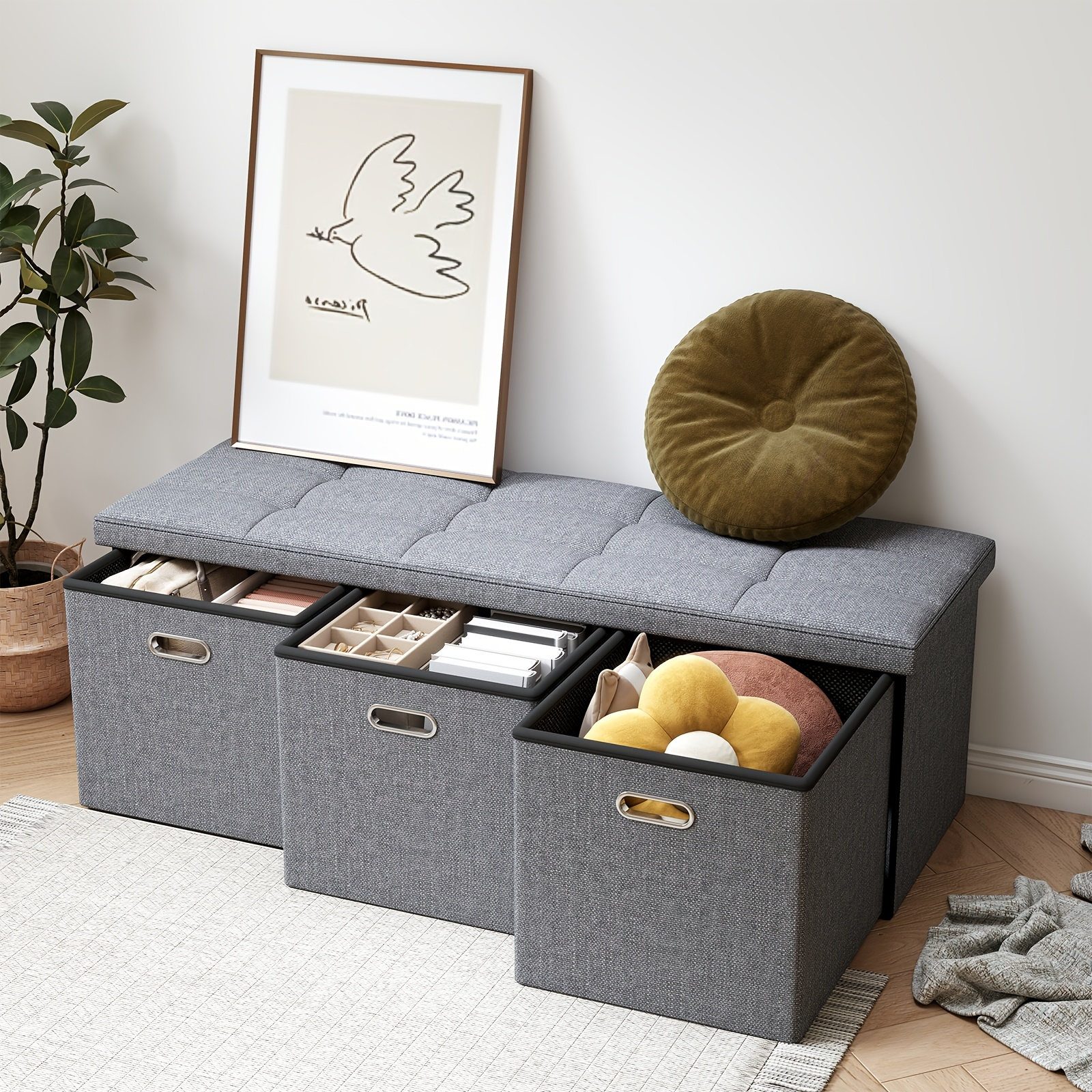 Home Storage Ottoman with 3 Drawers, 40 Inches Long Foldable Tufted Linen Large Bench Ottoman with Storage, Foot Rest Stool Seat, for Living Room, Bedroom, Entryway, Dark Gray — image 1 of 4