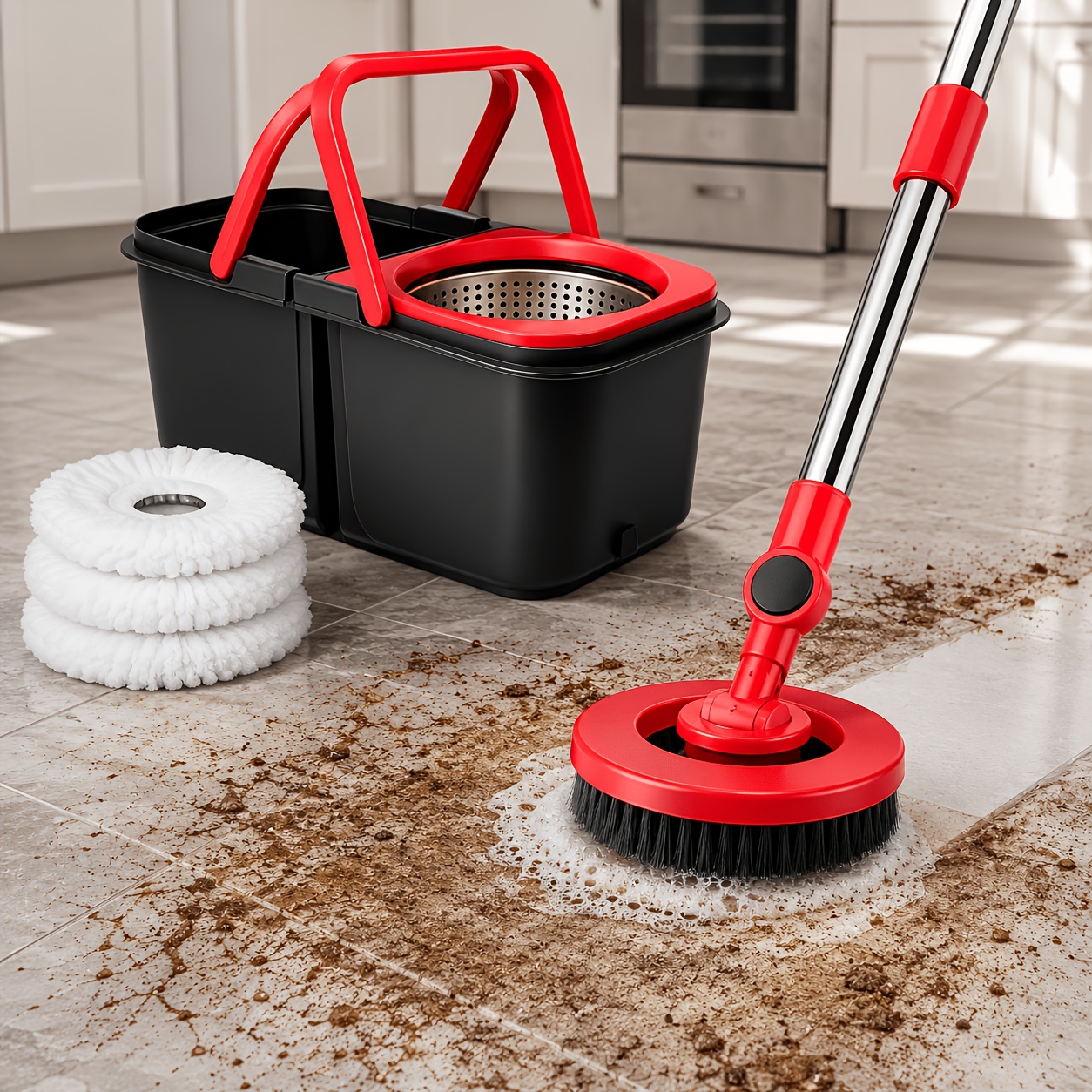 Spin Mop And Bucket Set with Wringer, Ideal for Bathroom Use, 360° Rotating Mop Bucket System, Includes 3 Microfiber Mop Refill Heads And a 61-Inch Adjustable stainless steel Handle, Handle for Effective Floor Cleaning — image 1 of 4
