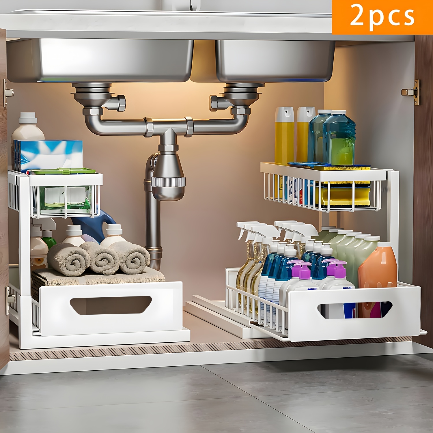 2Pack-2-Tier Slide-Out Under Sink Organizer | Heavy-Duty Carbon Steel Pull-Out Cabinet Shelf with Adjustable Compartments, Painted End, Ideal for Organizing Kitchen, Bathroom, Pantry, Or Closet Spaces — image 1 of 5