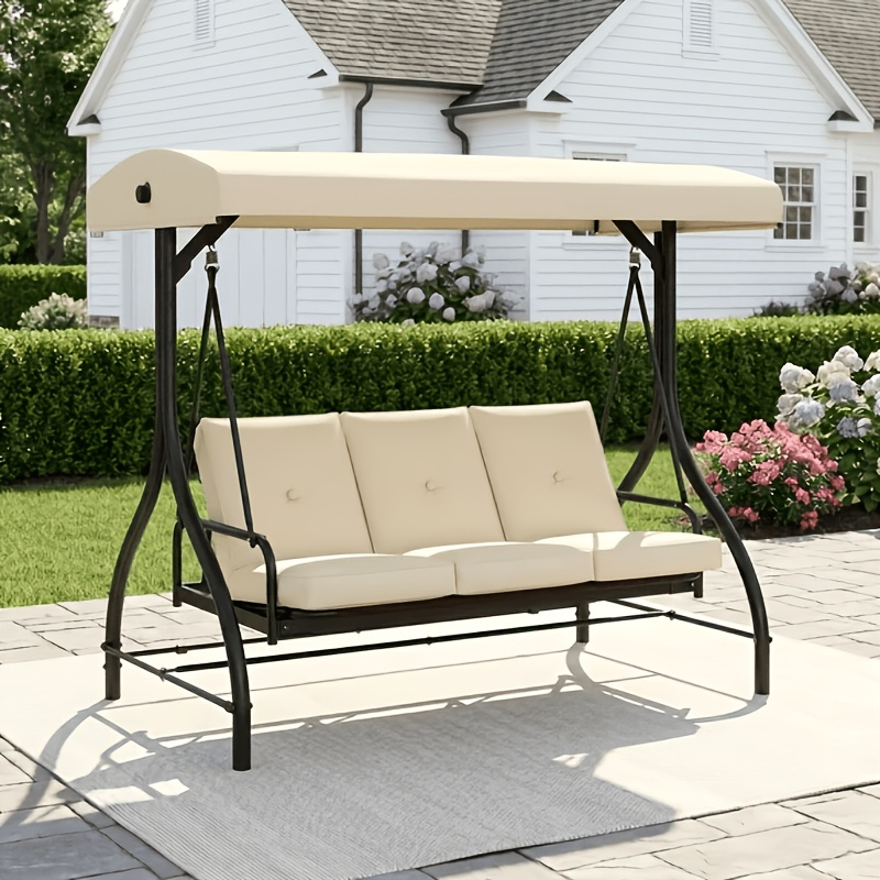 Seat Outdoor Patio Swing, All Weather Hanging Porch Bench, Convertible Glider Chair with Stand, Adjustable Canopy, Removable Thicken Cushions for Backyard, Balcony, Garden, Poolside(pillow Included) — image 1 of 5