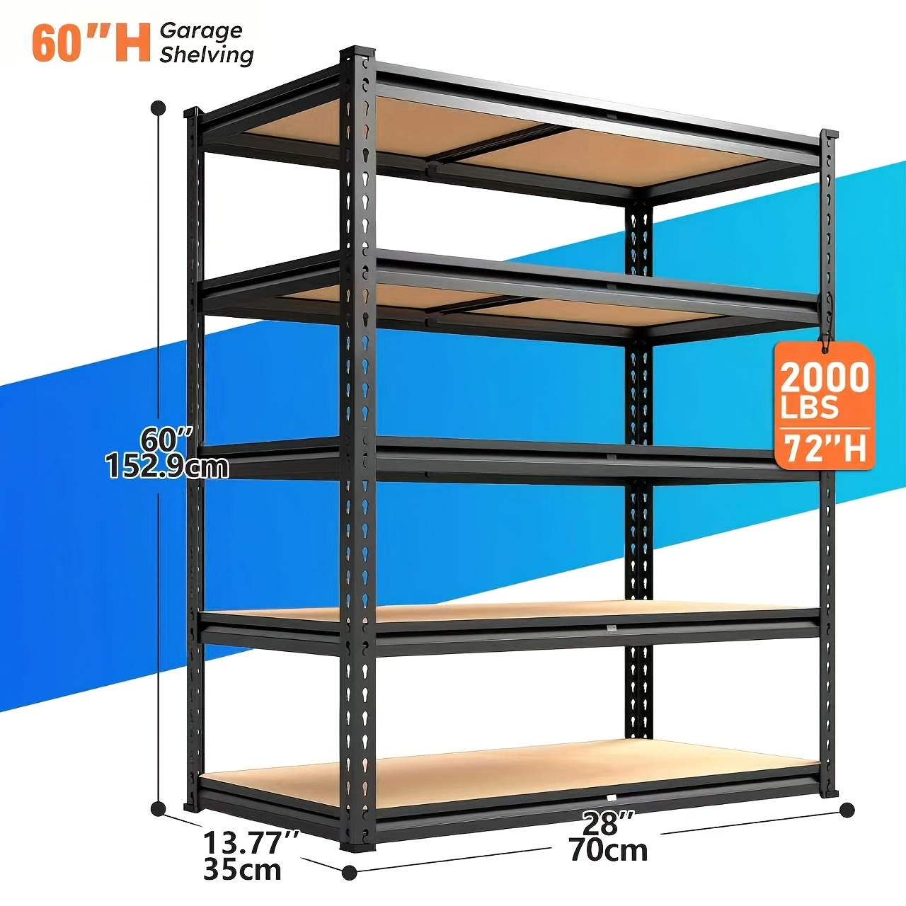 [Heavy Duty Shelving] Heavy Duty 5 Tier 2000LBS Metal Shelving Units | 60"H for garage Shelving Storage Shelves, Adjustable Metal Shelving Unit For Garage Shelves Rack Shelf For Basement Pantry Closet Shelves, Utility Shelves, Local Warehouse Items — image 1 of 5