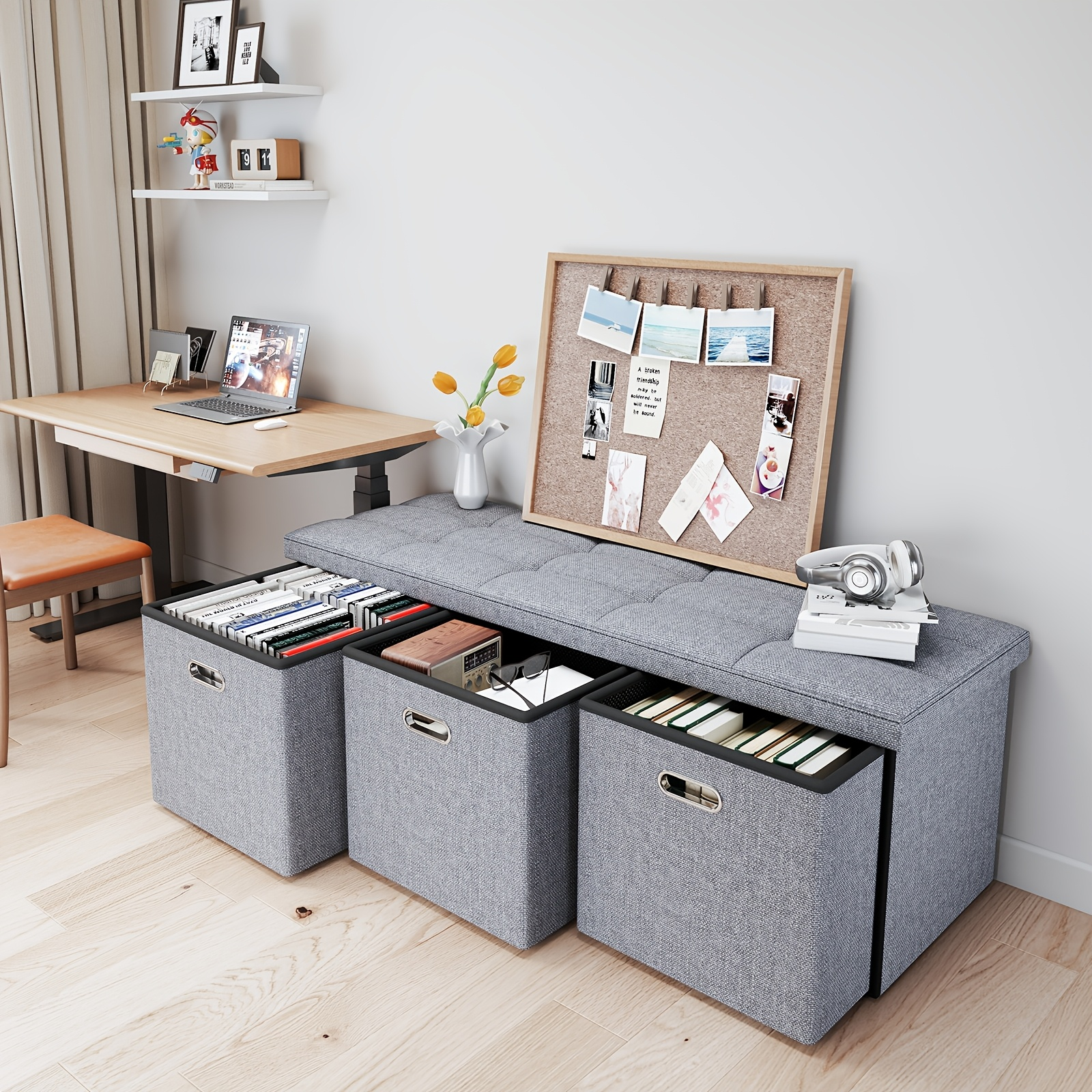Home Storage Ottoman with 3 Drawers, 40 Inches Long Foldable Tufted Linen Large Bench Ottoman with Storage, Foot Rest Stool Seat, for Living Room, Bedroom, Entryway, Dark Gray — image 2 of 4