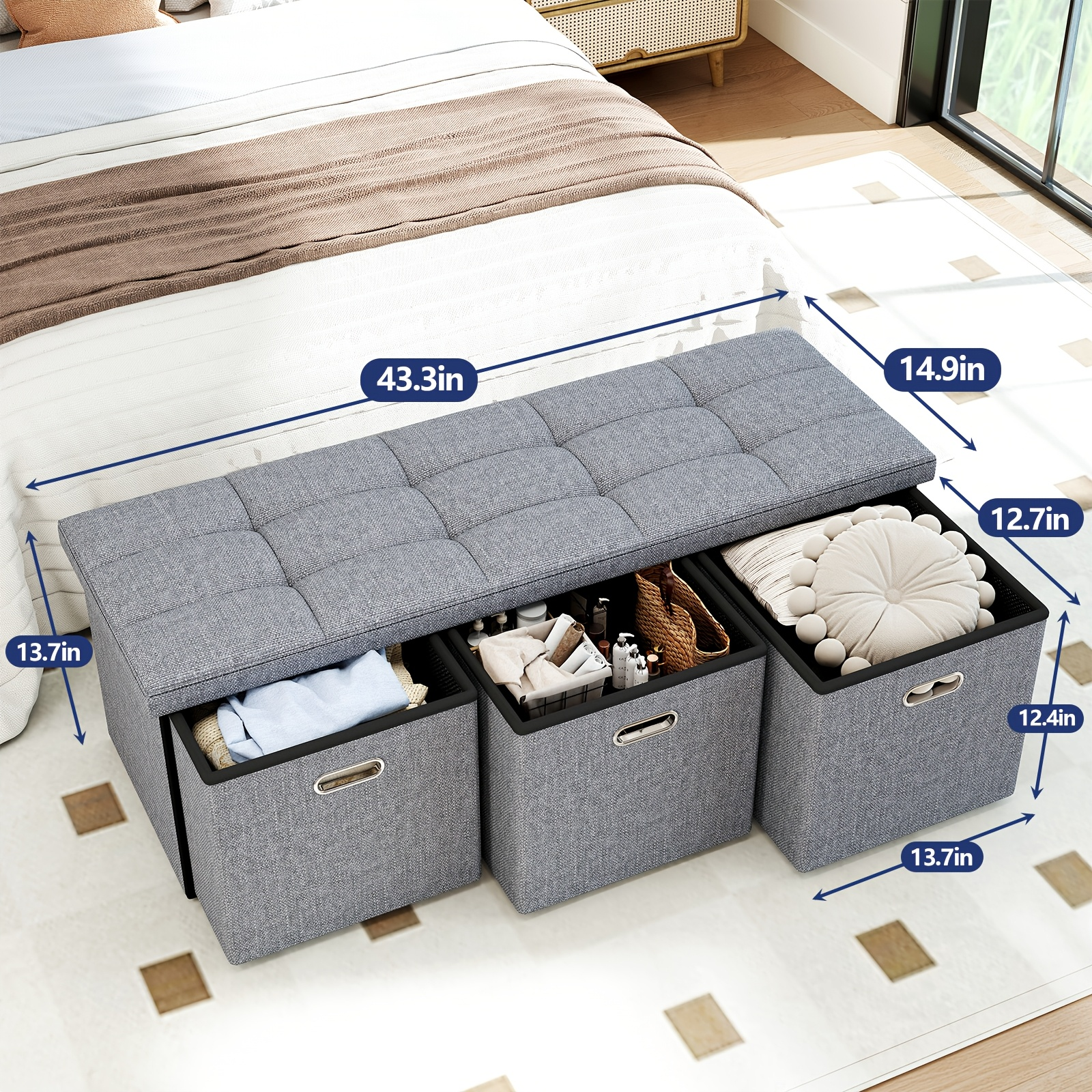 Home Storage Ottoman with 3 Drawers, 40 Inches Long Foldable Tufted Linen Large Bench Ottoman with Storage, Foot Rest Stool Seat, for Living Room, Bedroom, Entryway, Dark Gray — image 3 of 4