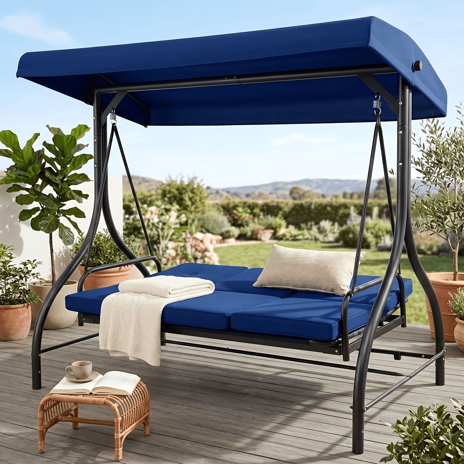 Seat Outdoor Patio Swing, All Weather Hanging Porch Bench, Convertible Glider Chair with Stand, Adjustable Canopy, Removable Thicken Cushions for Backyard, Balcony, Garden, Poolside(pillow Included) — image 2 of 5