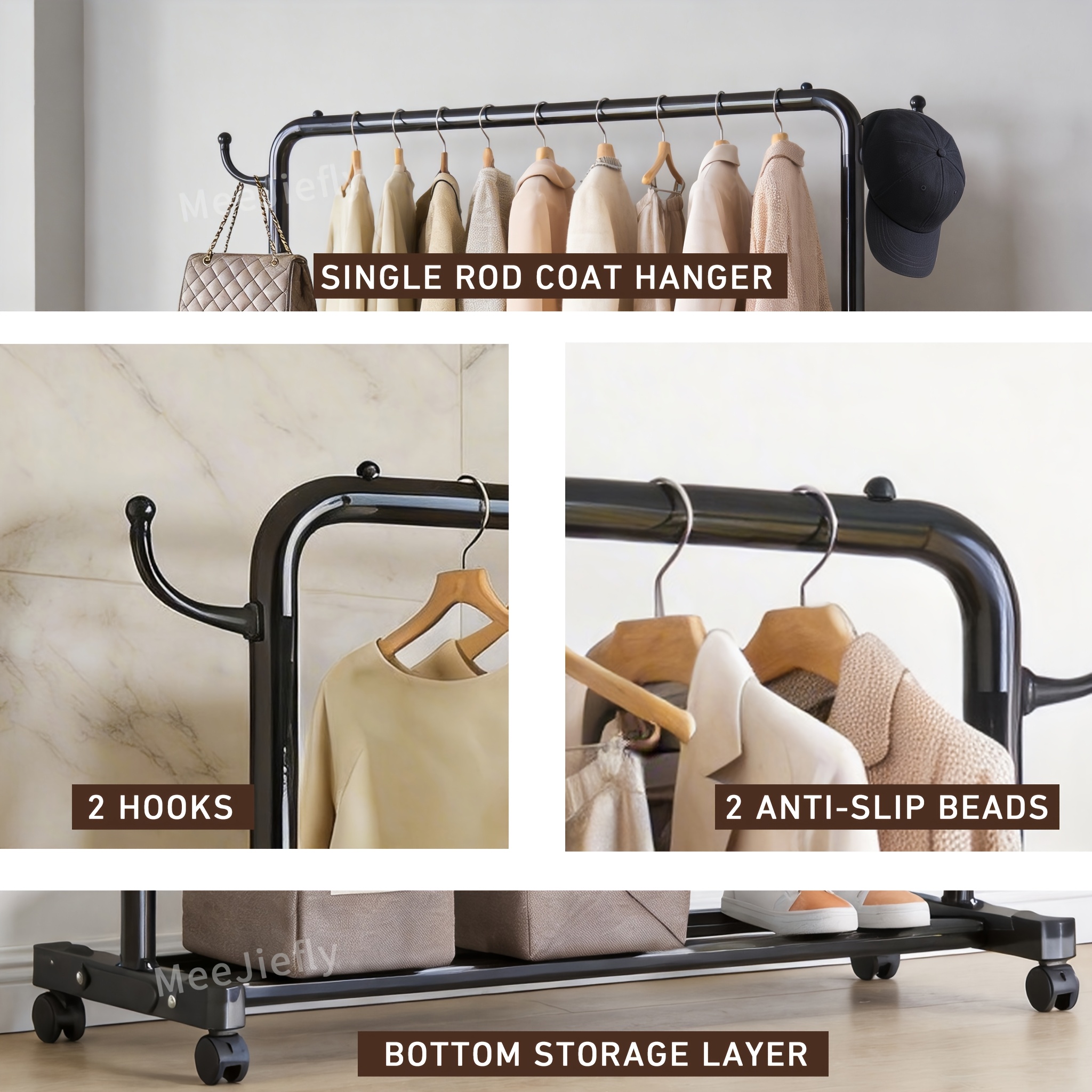 Heavy Duty Rolling Coat Rack with Wheels-360° Swivel Metal Garment Rack, Freestanding Clothes Drying Rack for Hallway, Bedroom & Laundry, Black — image 4 of 4