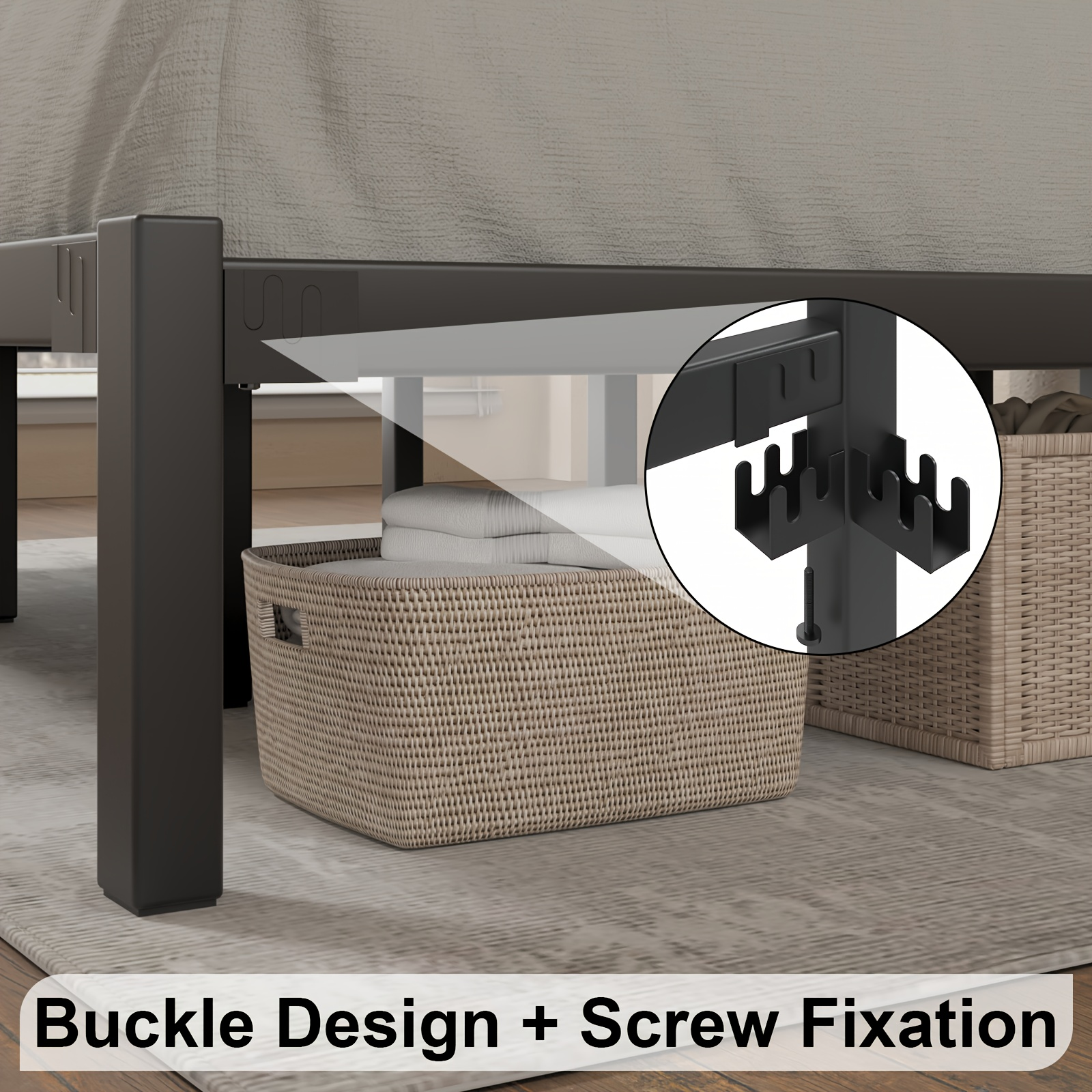 Metal Platform Bed Frame with Slatted Headboard - Under Bed Storage, Sturdy Metal Slats, No Box Spring Needed, Black/white, Twin/Full/Queen/King — image 3 of 4