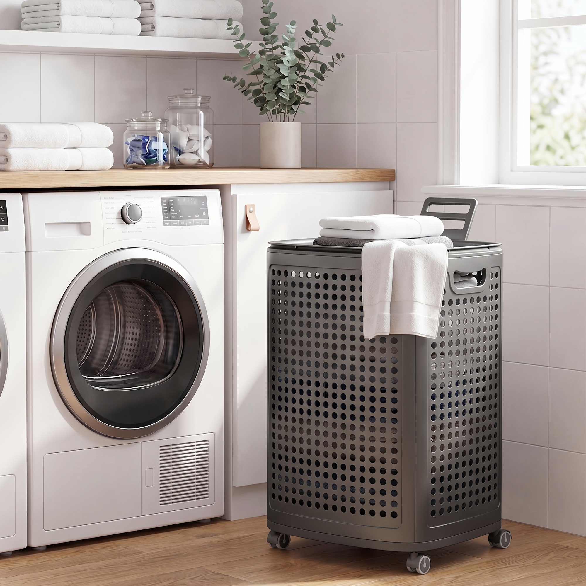 Plastic Laundry Hamper with Wheels, 19.8 Gallon 75 Liter Slim Rolling Basket with Ventilated Sides, Portable Storage Solution for Dormitories Bedrooms Bathrooms Laundry Room, Laundry Baskets — image 2 of 5