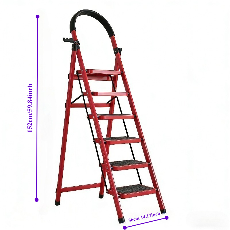 Industrial and Household Ladder (14.17inch Wide), Red, 6-Step with Anti-Slip Steps, Foldable Design, Safety Buckle Locking Mechanism, Suitable for Garage, Construction, Home, and Commercial Use — image 2 of 5