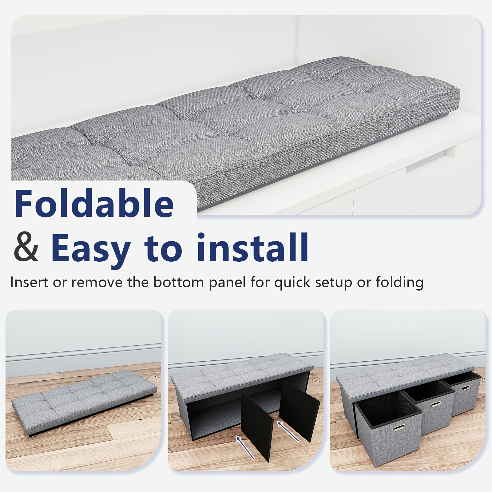 Home Storage Ottoman with 3 Drawers, 40 Inches Long Foldable Tufted Linen Large Bench Ottoman with Storage, Foot Rest Stool Seat, for Living Room, Bedroom, Entryway, Dark Gray — image 4 of 4