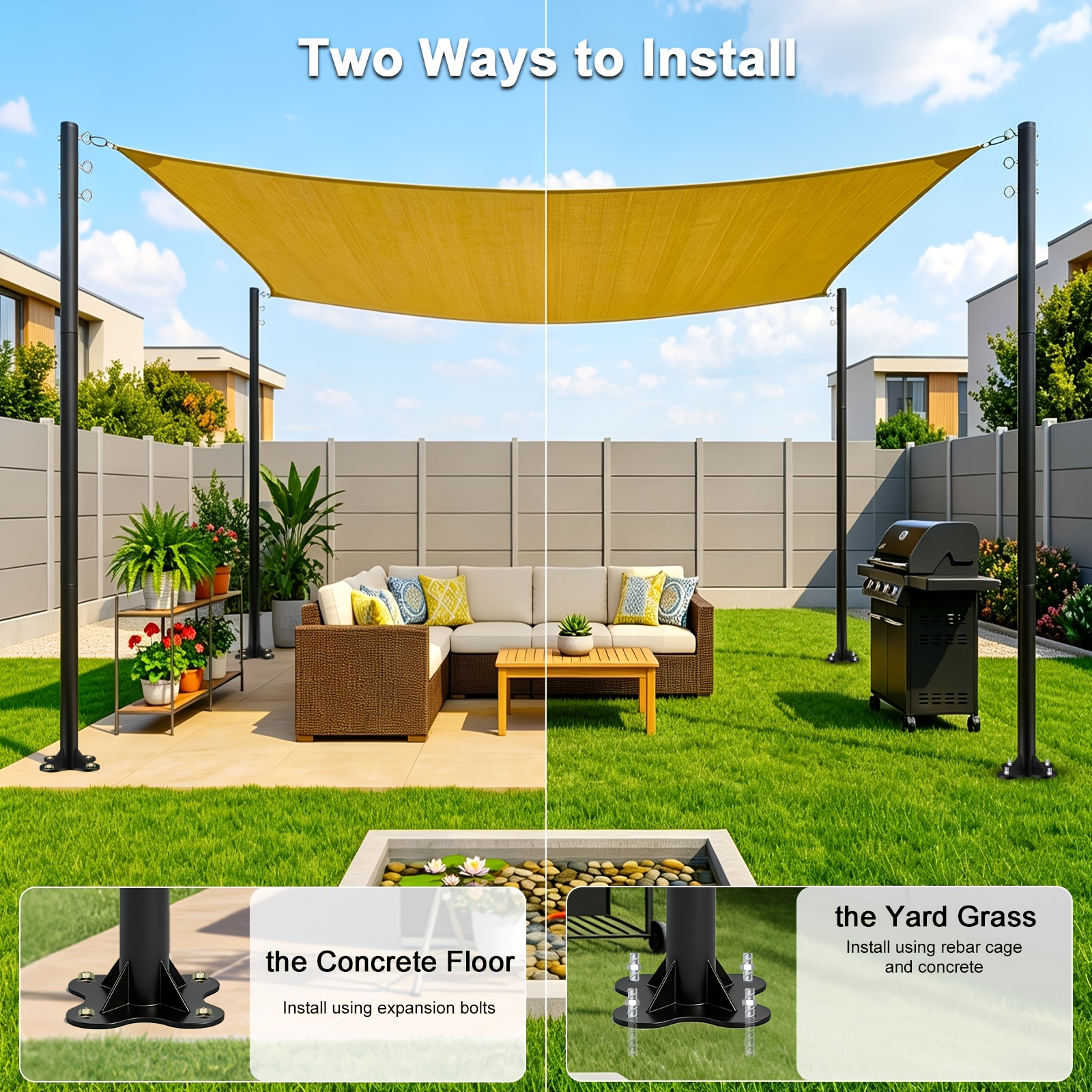 Summer Shade Sail Poles – 4-Pack 12ft Heavy-Duty Metal Outdoor Support Pole Kit – Rust-Resistant, Adjustable Metal Poles for Patios,  Courtyards, Backyards, and Gardens (Shade Sail Not Included) — image 2 of 4