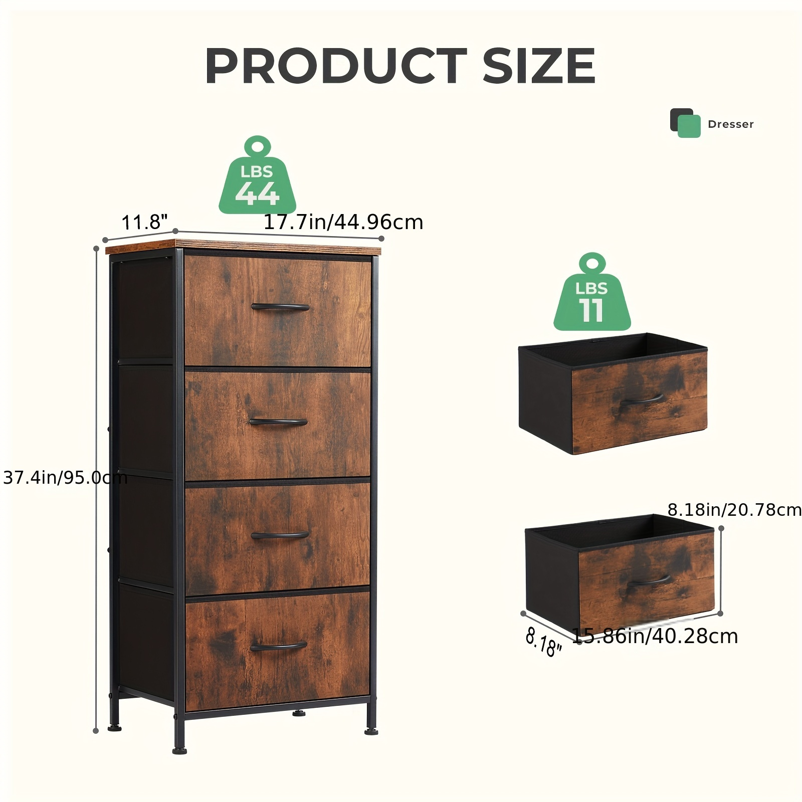 Drawer Dresser Organizer Storage Drawers, Chest of Drawers with Fabric Bin, Steel Frame, Wood Top, Use for Lab, Closet, Black/Brown/White/Gray to Choose — image 4 of 5