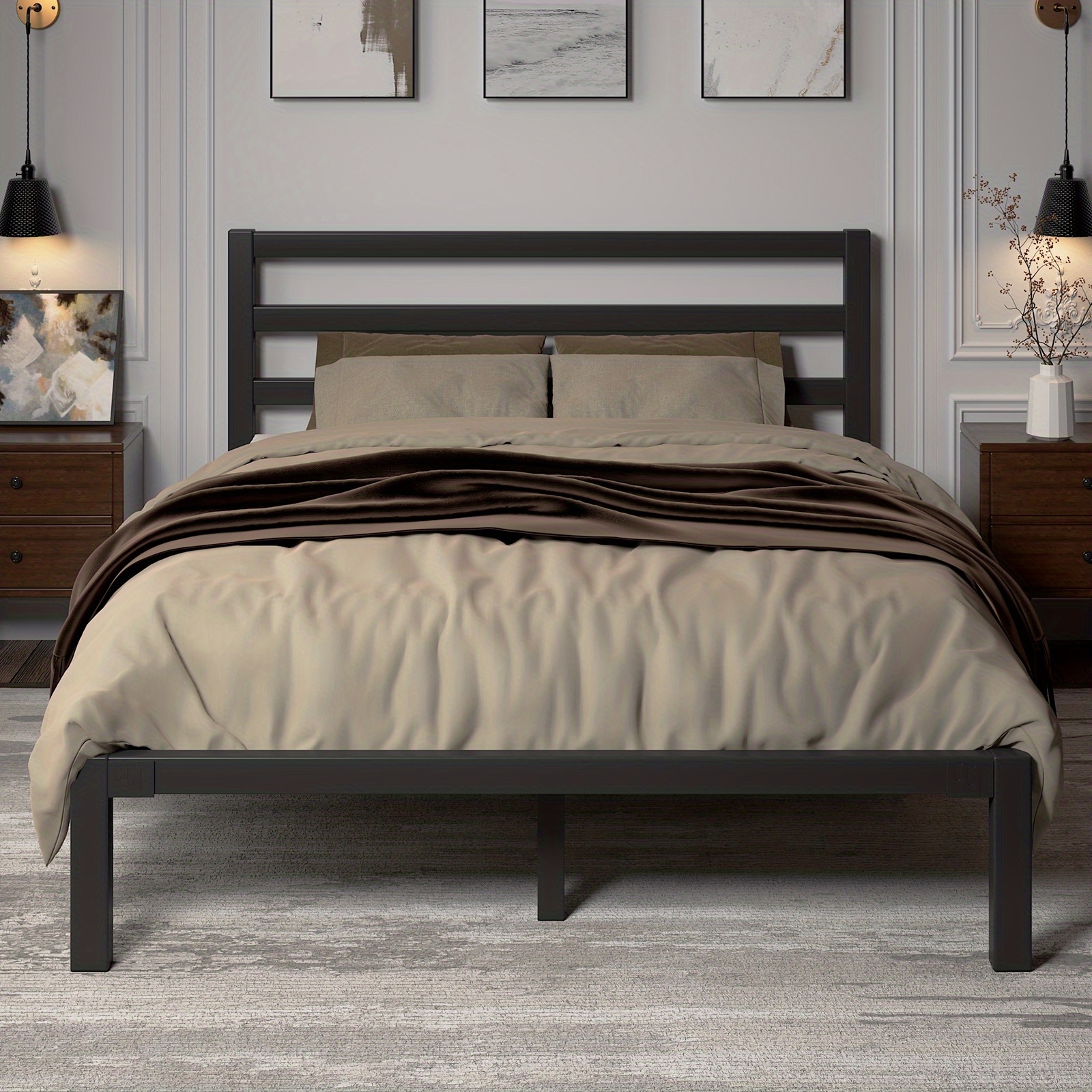 Metal Platform Bed Frame with Slatted Headboard - Under Bed Storage, Sturdy Metal Slats, No Box Spring Needed, Black/white, Twin/Full/Queen/King — image 4 of 4