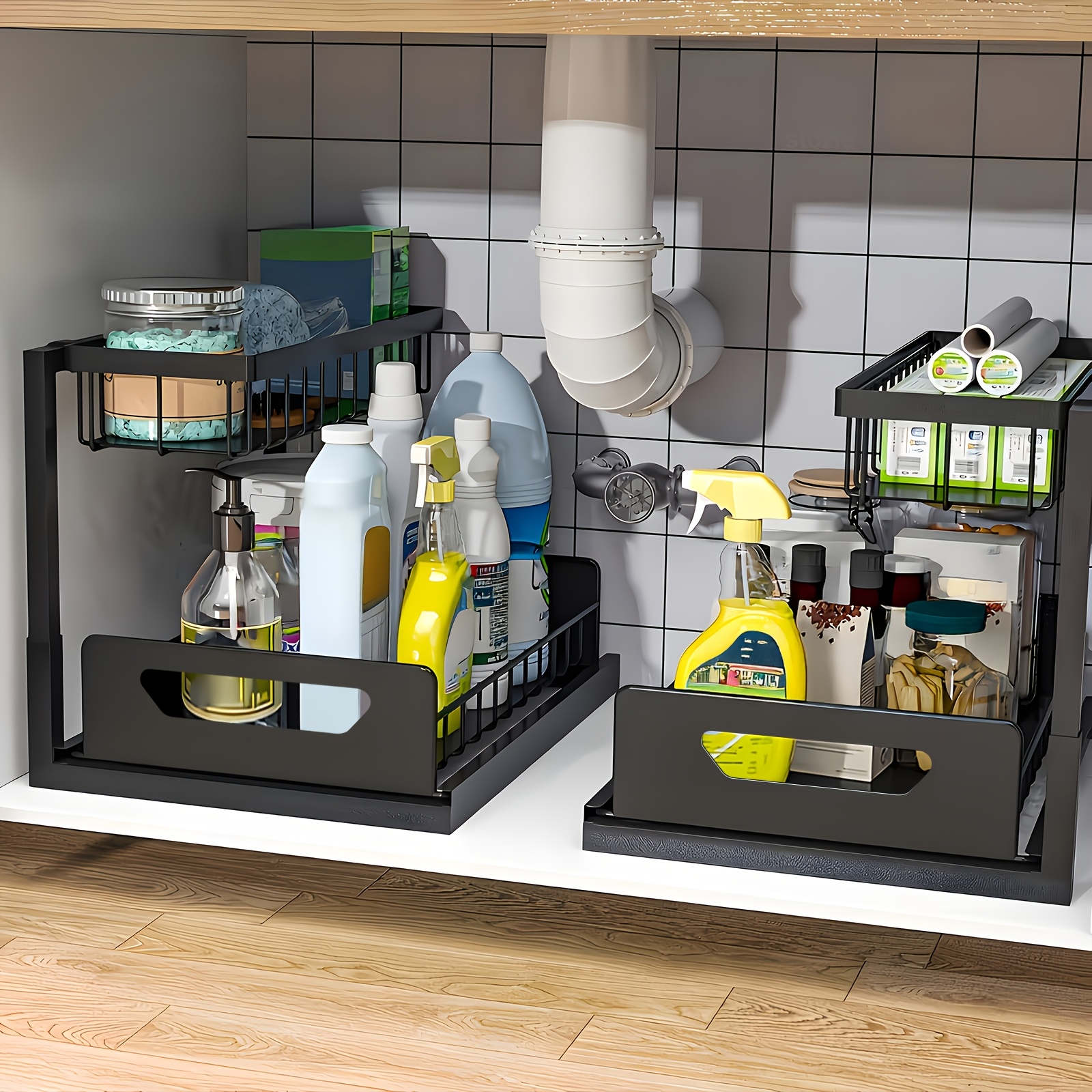 2Pack-2-Tier Slide-Out Under Sink Organizer | Heavy-Duty Carbon Steel Pull-Out Cabinet Shelf with Adjustable Compartments, Painted End, Ideal for Organizing Kitchen, Bathroom, Pantry, Or Closet Spaces — image 2 of 5