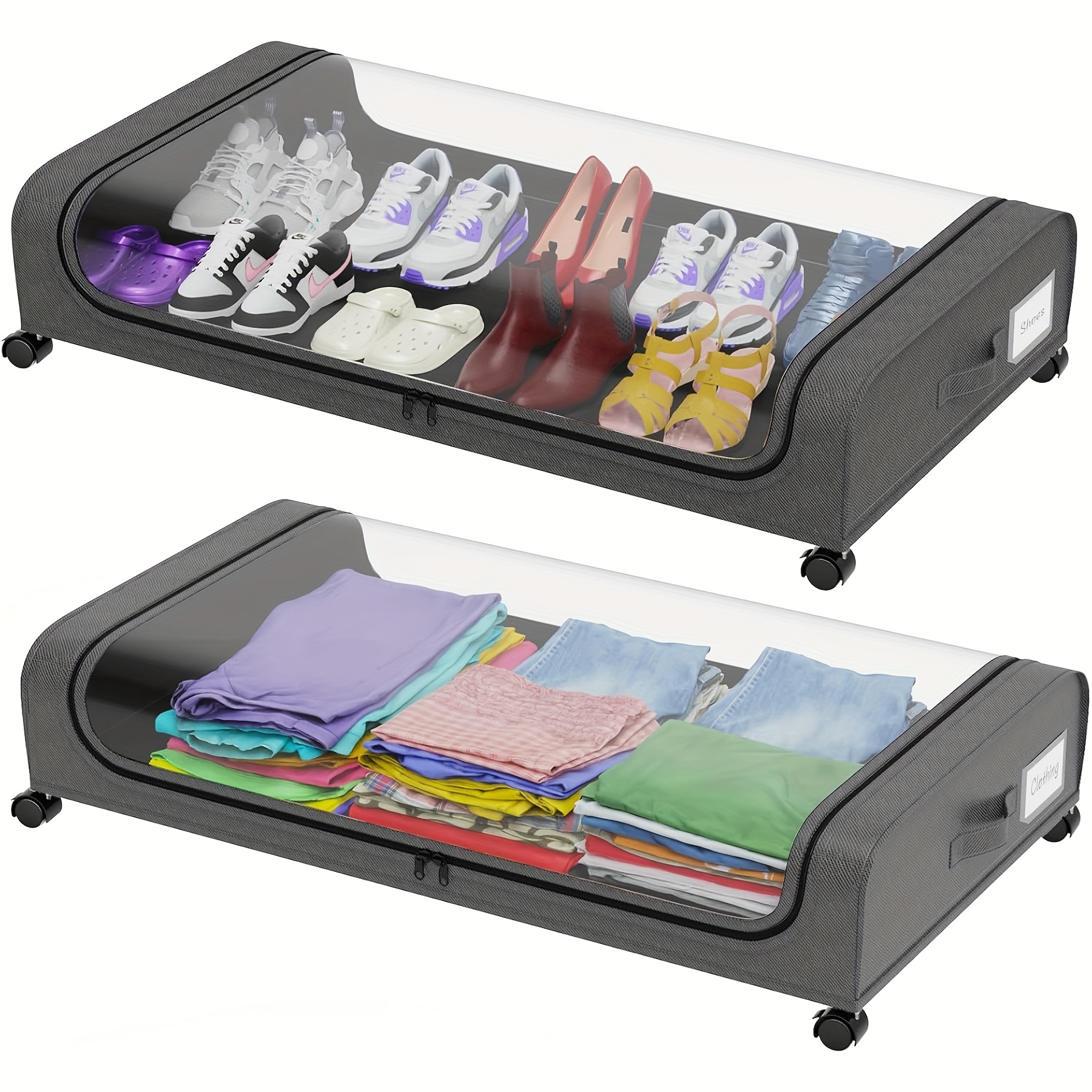 Underbed Storage with Wheels, 2Pack XXL Large 65L Underbed Storage Containers, Under Bed Organizer for Bedroom Dorm, Under Bed Rolling Storage for Clothes, Bedding, Shoes, Blankets, Books, Under-Bed Storage, Black, Grey, Under-Bed Storage — image 3 of 4