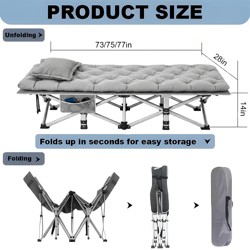 Outdoor Folding Bed, Extra Large And Thick Camping Bed, with Or Without Flip Mattress, Portable Foldable Guest Bed, 100/570/670/770 Pound Load-Bearing Capacity, 59/73/75/77 Inch Heavy-Duty Camping Bed Frame with Handbag — image 3 of 5