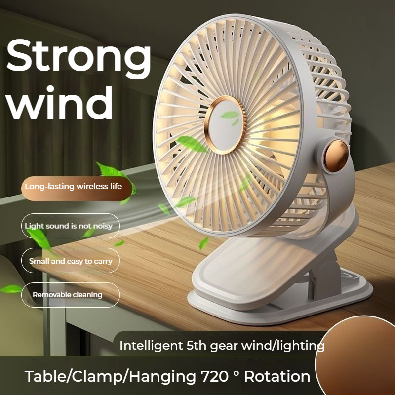 Ultra-Quiet Portable Mini Fan – 5 Speed ​​Settings, Ambient Night Light, USB Rechargeable,  2 Colors Available. Versatile Design (Hang/Clip/Desk), Quiet Brushless Motor. Ideal for Bedroom, Camping, and Travel. — image 2 of 5