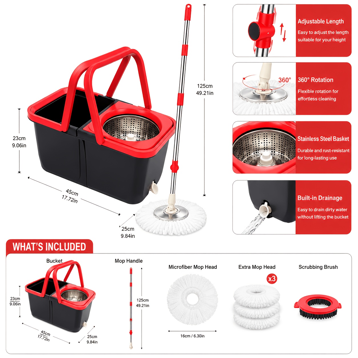 Spin Mop And Bucket Set with Wringer, Ideal for Bathroom Use, 360° Rotating Mop Bucket System, Includes 3 Microfiber Mop Refill Heads And a 61-Inch Adjustable stainless steel Handle, Handle for Effective Floor Cleaning — image 3 of 4
