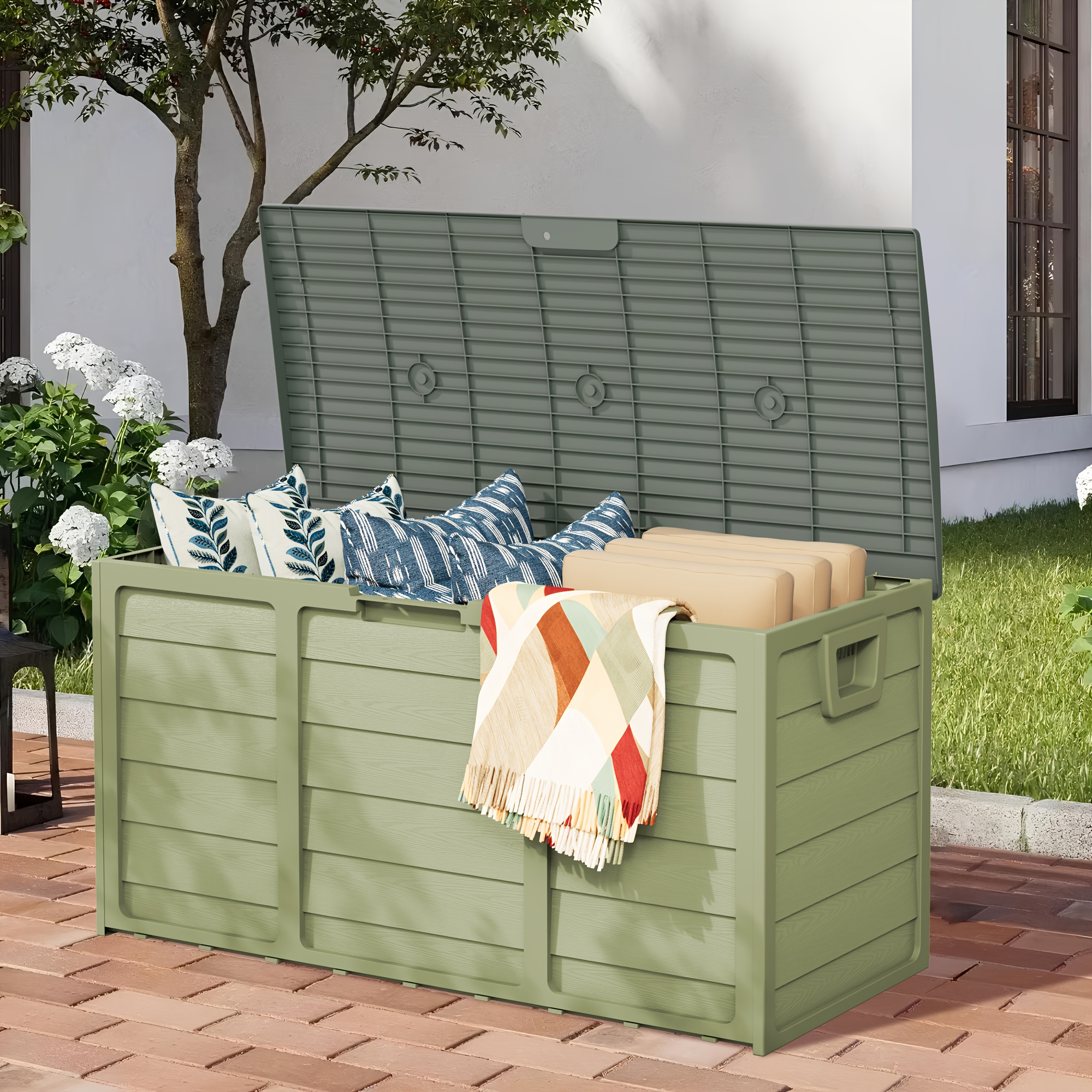 75 Gallon Resin Outdoor Storage Box with Handles, Deck Box with Handles for Pool Accessories, Garden Tools, Camping Gear, Holiday Gift, Easy to Assemble, Box,Cabinet,Rack for Outdoor Storage — image 4 of 5