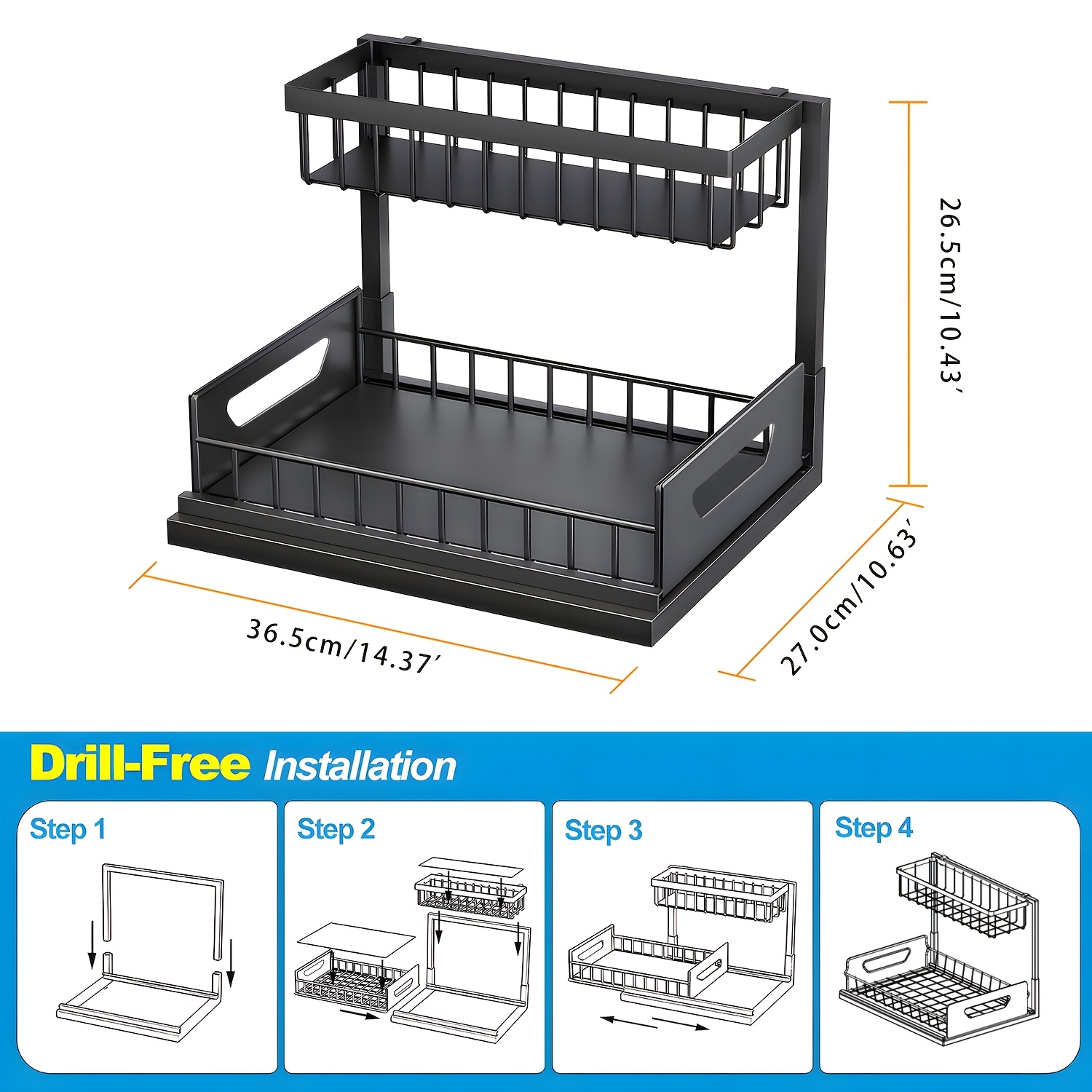 2Pack-2-Tier Slide-Out Under Sink Organizer | Heavy-Duty Carbon Steel Pull-Out Cabinet Shelf with Adjustable Compartments, Painted End, Ideal for Organizing Kitchen, Bathroom, Pantry, Or Closet Spaces — image 4 of 5
