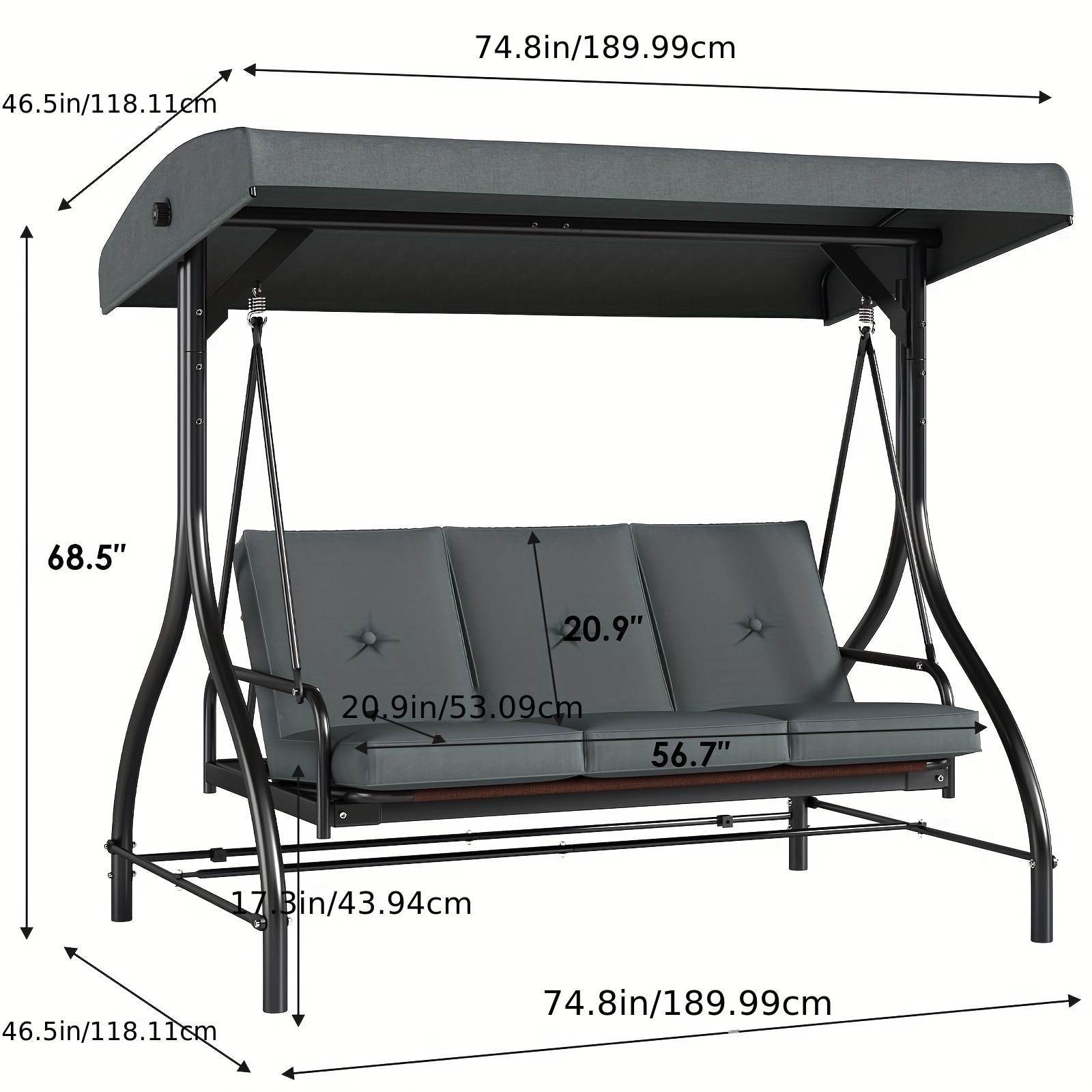 Seat Outdoor Patio Swing, All Weather Hanging Porch Bench, Convertible Glider Chair with Stand, Adjustable Canopy, Removable Thicken Cushions for Backyard, Balcony, Garden, Poolside(pillow Included) — image 5 of 5