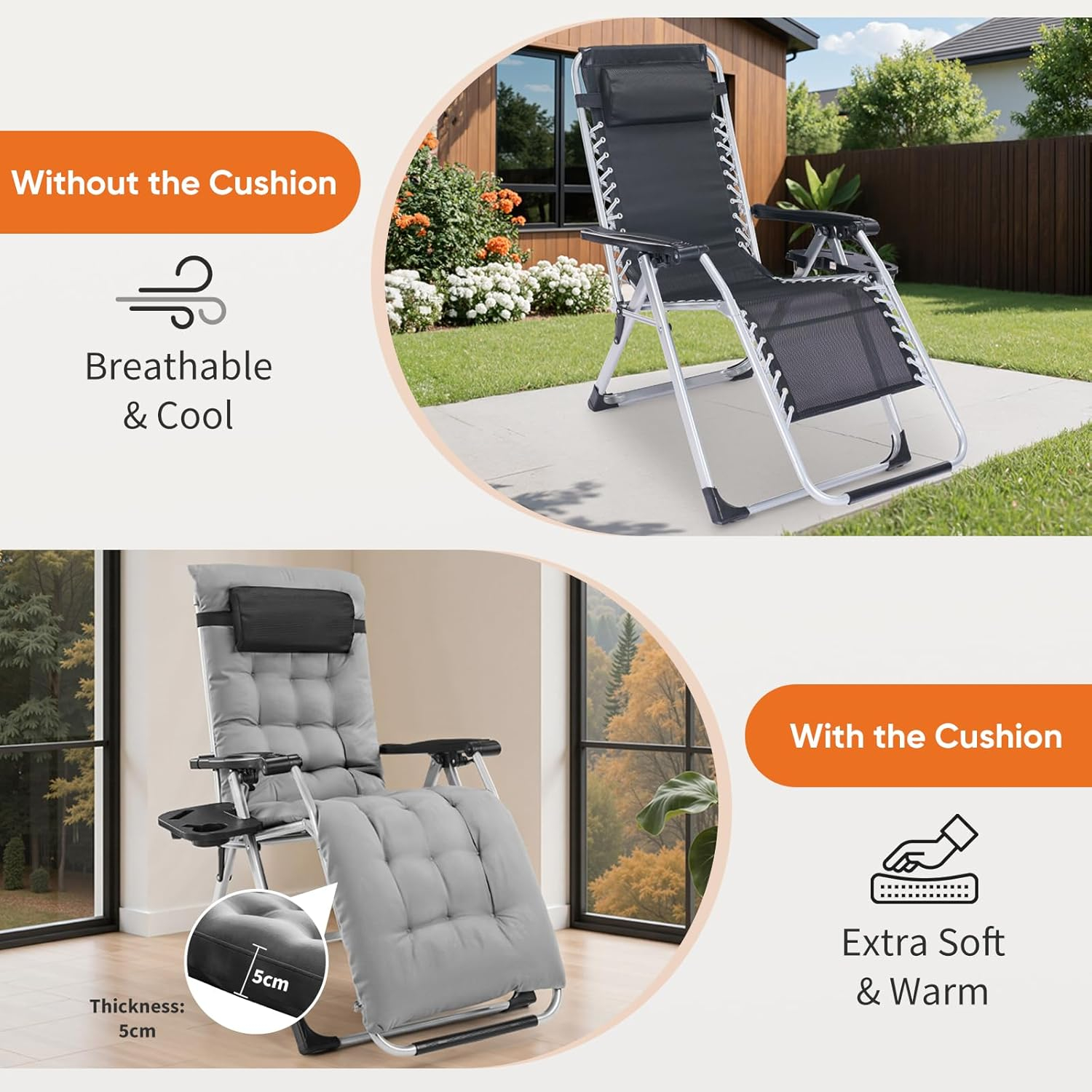 Zero Gravity Recliner, Foldable Patio Chair - Includes Cup Holder Tray; Removable Cushion; Ideal for Beach, Patio, Or Poolside — image 5 of 5