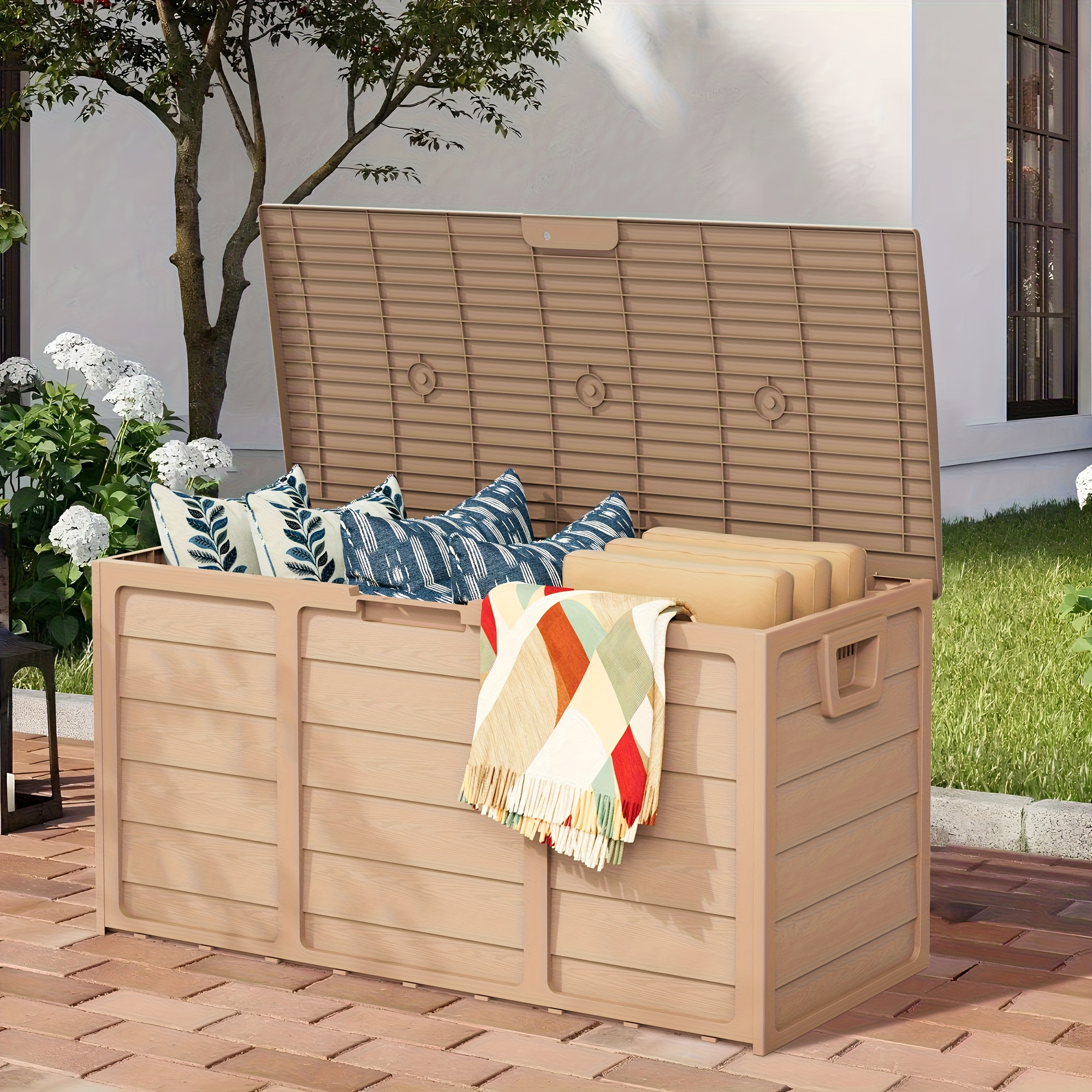 75 Gallon Resin Outdoor Storage Box with Handles, Deck Box with Handles for Pool Accessories, Garden Tools, Camping Gear, Holiday Gift, Easy to Assemble, Box,Cabinet,Rack for Outdoor Storage — image 2 of 5