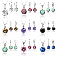 Woman  Sterling Silver 8MM Jewelry Sets Cubic Zircon Crystal Lever Back Earrings Pendant Wedding Necklace Nice Gifts — image 2 of 11