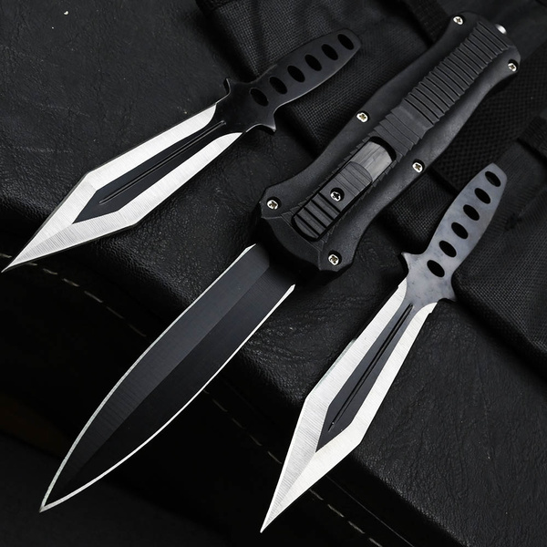 MEN 'S Gear Double Action Hidden Tactical Self Defense Assist Opening Fold Camping Hunting Survival Knife With Two Ninja Throwing Knives Set — image 1 of 12