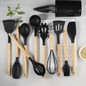 11-Piece Kitchen Utensil Set with Wooden Handles & Silicone Heads, Black & Khaki Storage Caddy — image 16 of 19