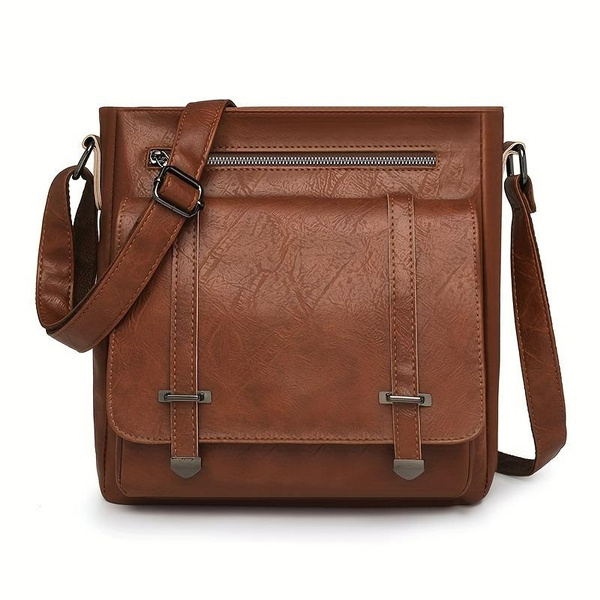 Women's Vintage-Inspired Crossbody Bag - Large Capacity Adjustable Shoulder Strap, Multiple Zippered Compartments, Two-Tone Brown & Black, Secure Metal Hardware for Business Commute & Casual Outings, Classic Mailbag Style, Textured Finish — image 1 of 12