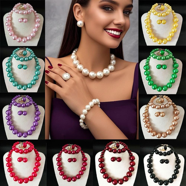 4Pcs/Set Elegant Vintage Pearl Necklace Set Korean Style Women Choker Bridal Wedding Jewelry with Earrings Ring Fashion Accessories — image 1 of 55