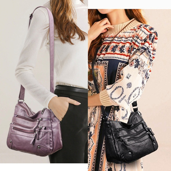 Women's Soft Leather Bag Waterproof Multi-Zipper Leather Satchel Outdoor Travel Shoulder Bag Crossbody Bag Casual Handbag Messenger Bag — image 1 of 24
