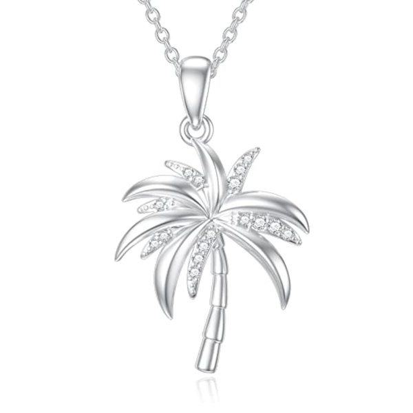 Natural Diamond Palm Tree Necklace for Women, Sterling Silver/10K/14K Solid Gold Diamond Palm Tree Pendant Necklace Hawaii Vacation Jewelry Birthday Mothers Day Gifts Color F-G/Clarity I1-I2 — image 1 of 8