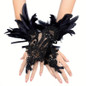 1 pair, Bohemian Gothic faux feather gloves, monochrome lace sequined lace-up hook gloves, Halloween party dress-up wristbands — image 14 of 16