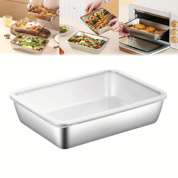 6/12/18PCS Stainless Steel Baking Pan with Clear Lid, Rectangular Metal Bakeware Tray for Oven Roasting, Bread, Cakes, Meal Prep, Reusable Food Storage Container, Dishwasher Safe Baking Tray for Kitchen Cooking — image 1 of 18