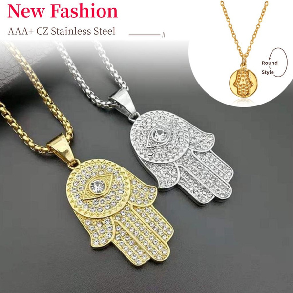 Hip Hop Full AAA CZ Turkish Evil Eye Hamsa Hand of Fatima Pendant Necklace Gold Plated 316L Stainless Steel Iced Out Chains For Women Men Jewelry — image 1 of 14