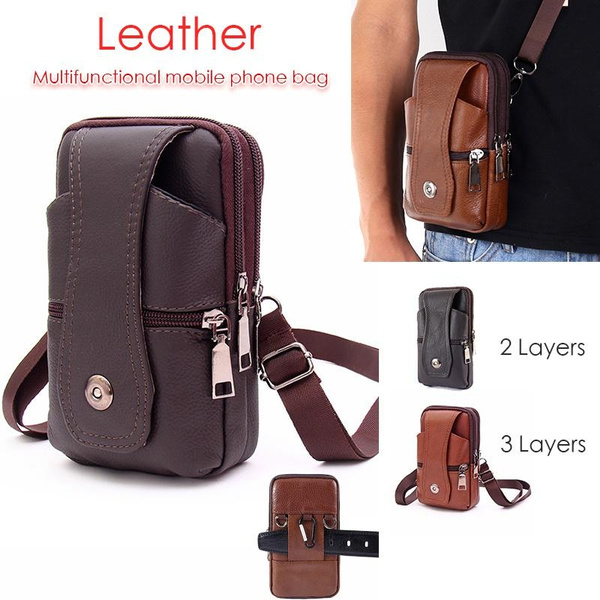 Men Leather Waist Bag, Multifunction Fanny Pack, Large Capacity Belt Bag,Brown Shoulder Bags Crossbody Bags,Multi-layer Buckle Mobile Phone Bag — image 1 of 20