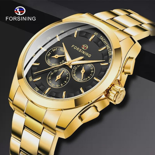 Automatic Mechanical Watch for Men - Gold Black Stainless Steel Case with 3 Subdials, Date, Chronograph Sports Business Watch — image 1 of 16
