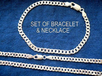 1 Pair(Necklace+Bracelet ) 925 Sterling Silver Solid 7MM Cuban Curb Chain Necklace Mens Silver Bracelet Set — image 2 of 14
