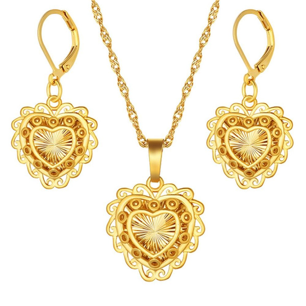 Women's Fashion Silver Gold Plated Women Classic Heart Pendant Necklace Earrings Jewelry Set for Wedding — image 1 of 12