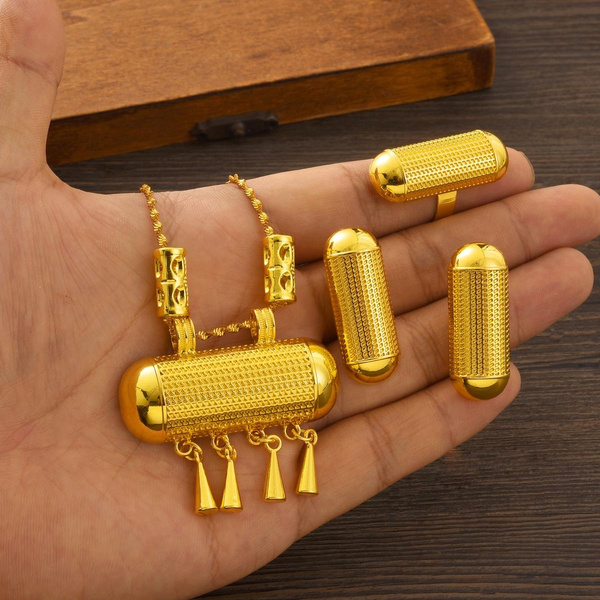 Africa Classic Golden Color Jewellery Set Ethiopia Earrings Pendant Rings Dubai Saudi Arab Bridal Wedding Accessories Party Gifts — image 1 of 9