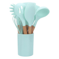 11-Piece Kitchen Utensil Set with Wooden Handles & Silicone Heads, Black & Khaki Storage Caddy — image 2 of 19