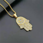 Hip Hop Full AAA CZ Turkish Evil Eye Hamsa Hand of Fatima Pendant Necklace Gold Plated 316L Stainless Steel Iced Out Chains For Women Men Jewelry — image 7 of 14