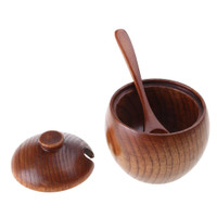 1 Set Solid Wood Spice Jar Sugar Bowl Salt Pepper Seasoning Box Japanese Style With Spoon And Lid Kitchen Tool GFA — image 2 of 14