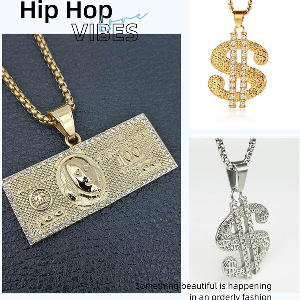 3mm Stainless Steel Chain Fashion Women Men's Hip Hop Iced Out US $100 Dollar Gold Color Pendant Necklace Jewelry — image 1 of 12