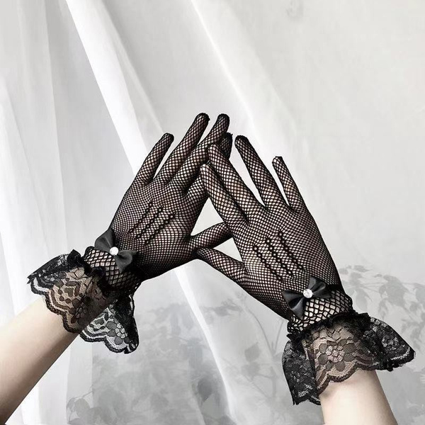 Women Summer Uv-proof Driving Gloves Mesh Fishnet Gloves Lace Mittens Full Finger Girls Lace Fashion Gloves — image 1 of 22