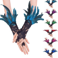 1 pair, Bohemian Gothic faux feather gloves, monochrome lace sequined lace-up hook gloves, Halloween party dress-up wristbands — image 2 of 16